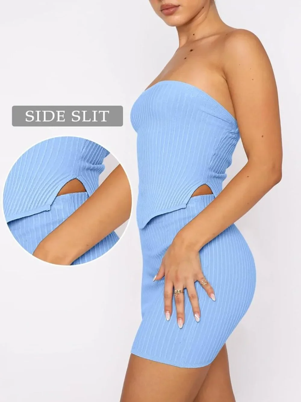 Women's Sky Blue Viscose Strapless Crop Top With Skirt Mini Club Bodycon Dress